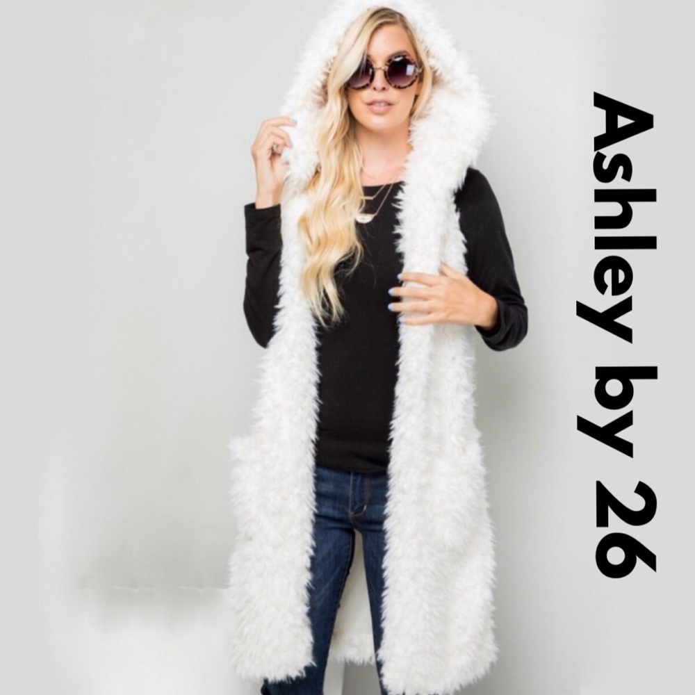 White Faux Fur Hooded Vest With Pockets gifts - Picture 3 of 8